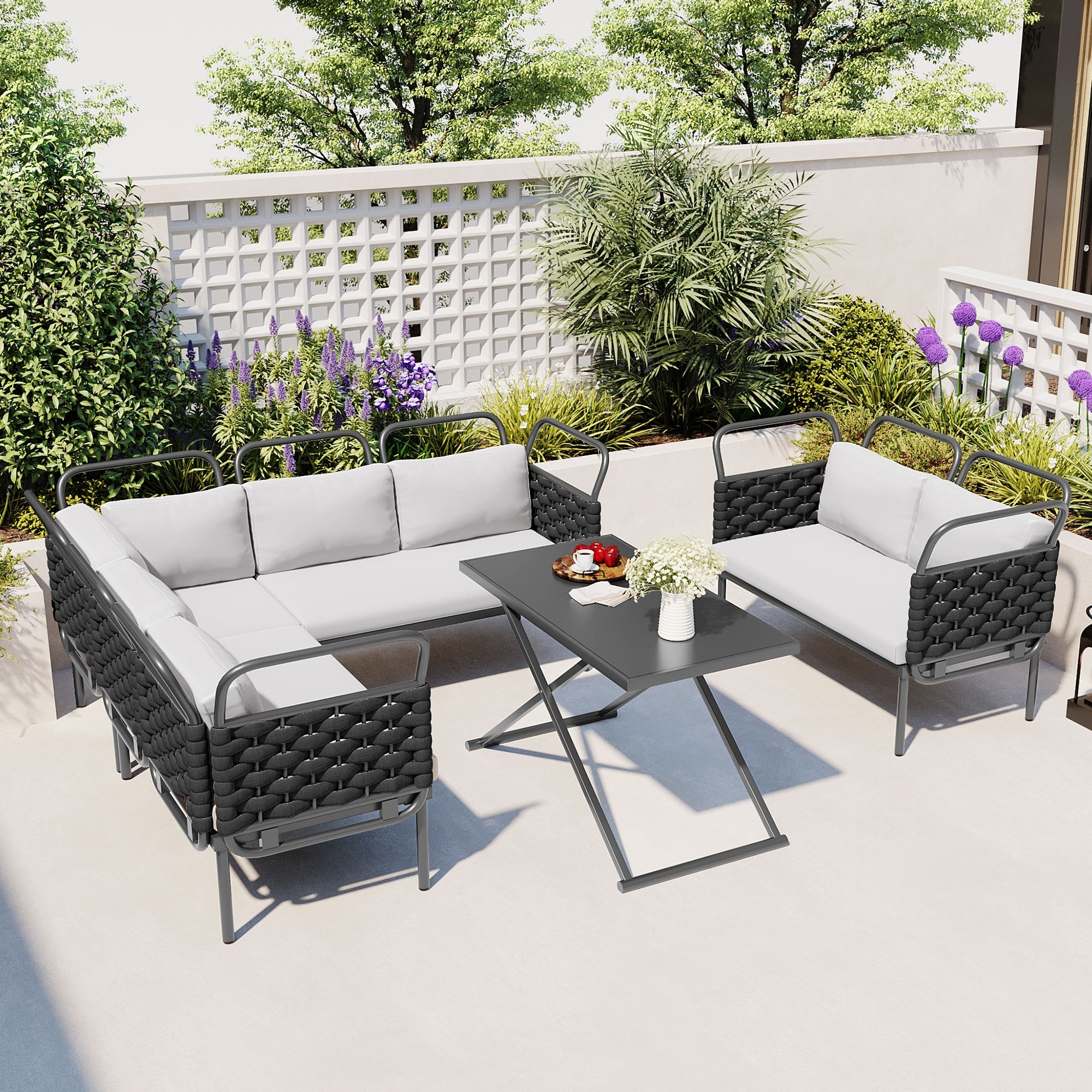 Outdoor Woven Rope Furniture Set, 5-Piece Modern Patio Sectional Sofa Set with Glass Table & Cushions - Grey+Black