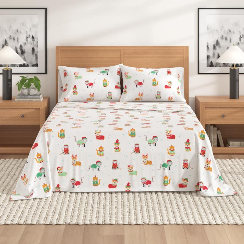 Linery & Co. Christmas Turkish Cotton Double-Brushed Flannel Bed Sheet Set - Full - Dog Cat Christmas