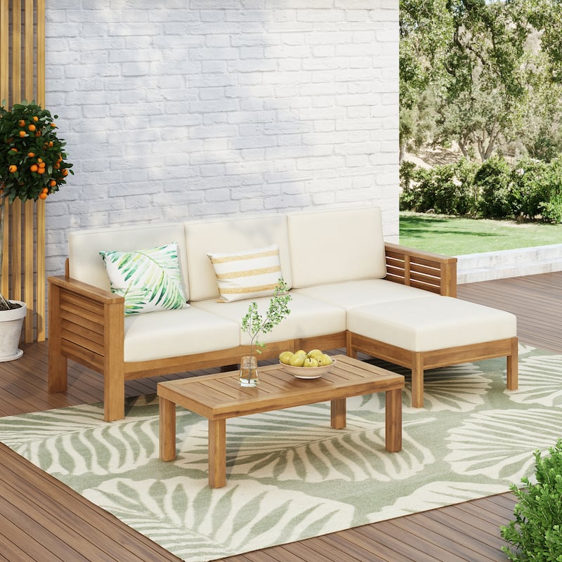 Christopher Knight Home - 3-Piece Acacia Wood Sofa Set with Ottoman and Coffee Table - Teak + Cream