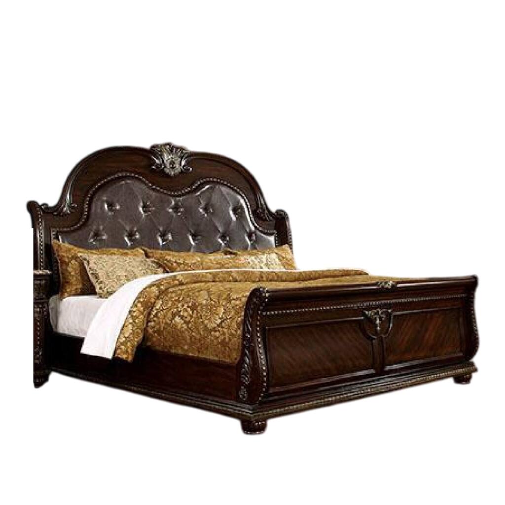Kera Queen Bed, Brown Cherry Faux Leather Padded Upholstery