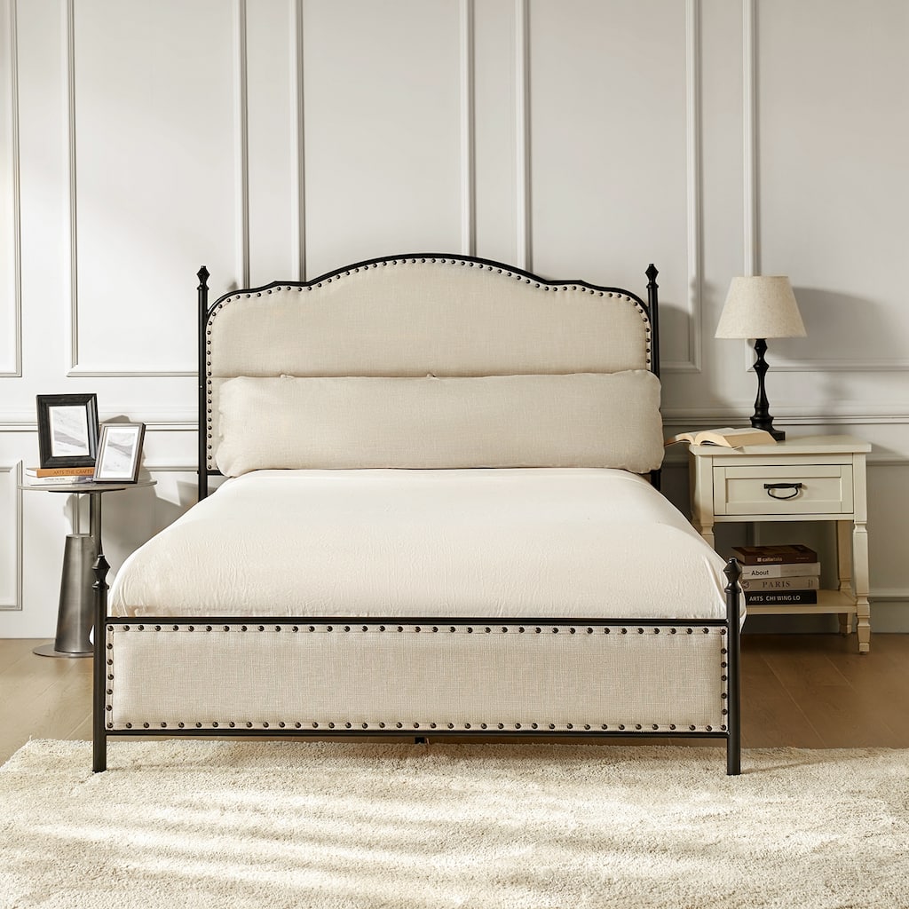 Eulalia Transitional Upholstered Platform Metal Bed Frame Four Poster Bed with High Headboard&Pillow