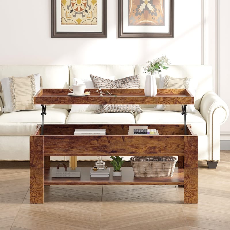 VECELO Lift Top Coffee Table with Hidden Storage and Open Shelves–Modern Center Table for Living Room and Small Spaces