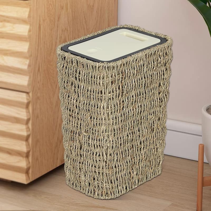 Trash Can with Lid 2.6 Gallon Small Rattan Press Top Slim Wicker 2 in 1 Waste Basket Hamper Seagrass for Bathroom Kitchen - Natural & Light Brown