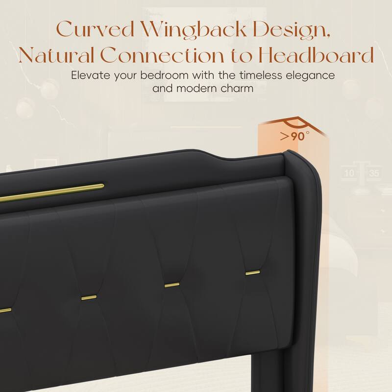 Queen Size PU Leather Platform Bed with Wingback Headboard, Footboard, and Gold Metal Accents