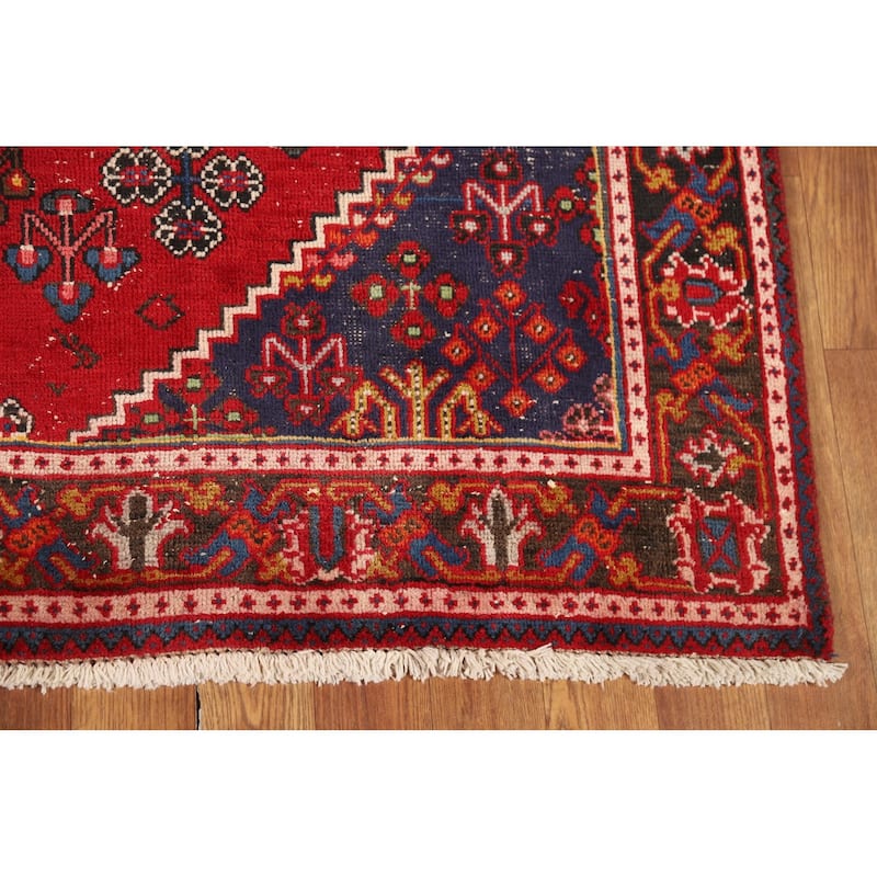 Red Geometric Joshaghan Persian Area Rug Handmade Wool Carpet - 4'3" x 6'11"
