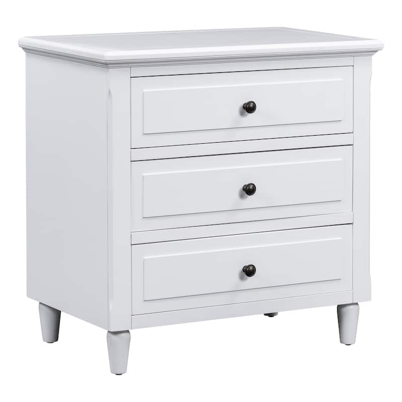 Fully Assembled 3-Drawer Nightstand, MDF & Pine Wood with Rubberwood Legs, Metal Ball Slide Glides