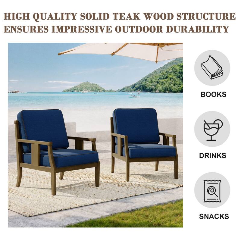 2 Set Brown Wood Outdoor Accent Club Chairs with Water-Resistant Cushions