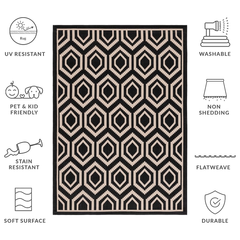SAFAVIEH, Courtyard Bebhinn Indoor/ Outdoor Patio Backyard Rug - 5'3" x 7'7" - Black/Beige