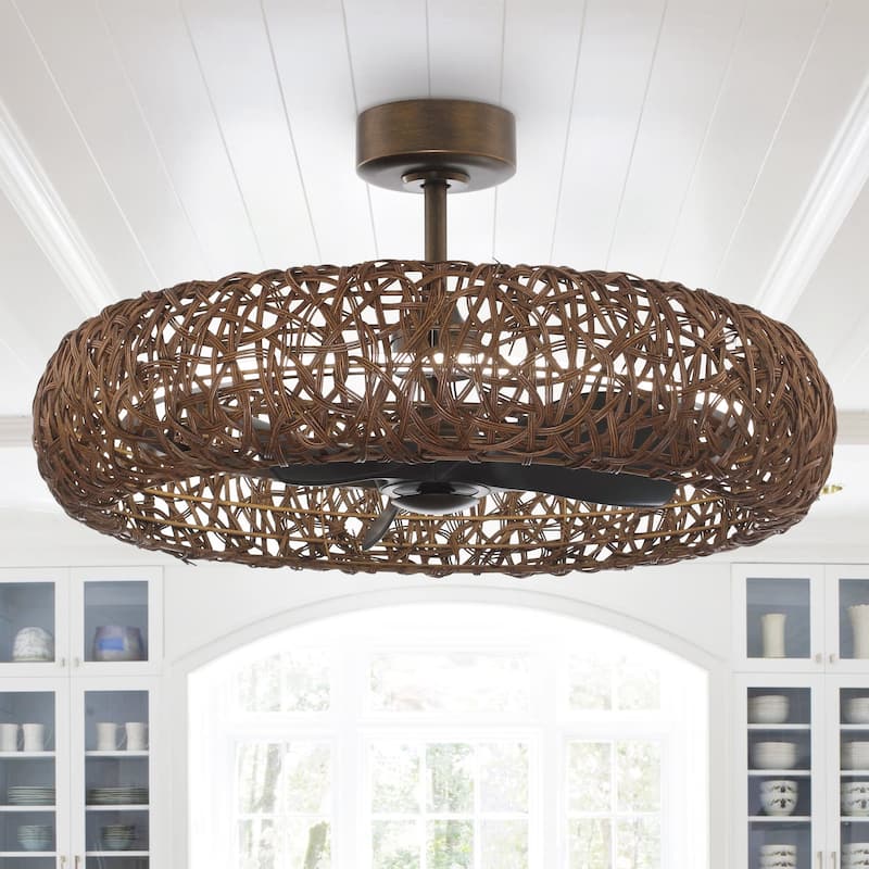 Ceiling Fan 35" Perimost 3-Blade Farmhouse Rattan LED