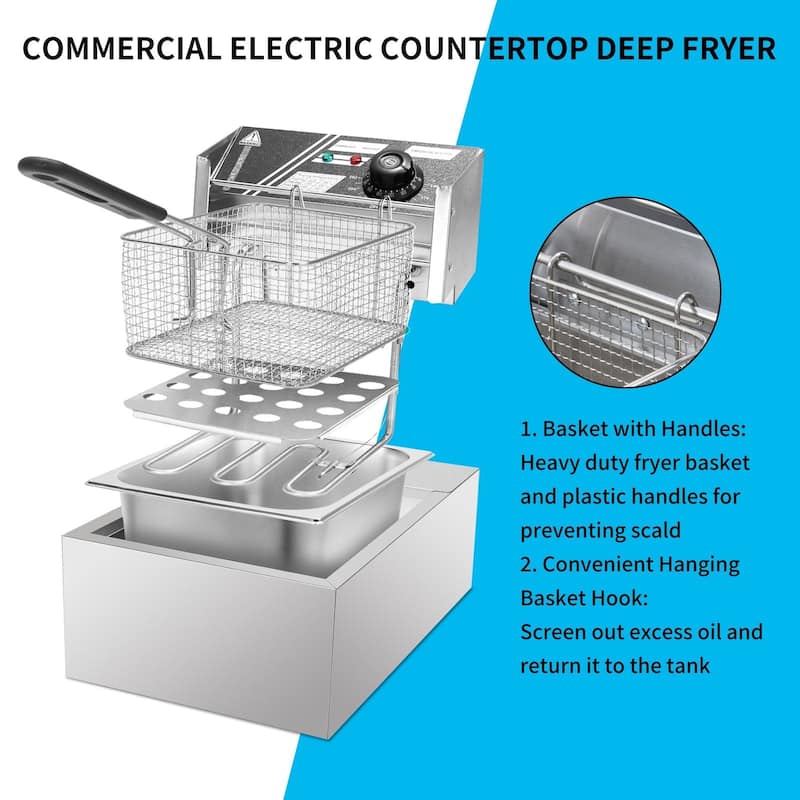 6.3QT/12.7QT Stainless Steel Single/Double Cylinder Electric Fryer Tabletop Restaurant Frying Basket(2500W/5000W)