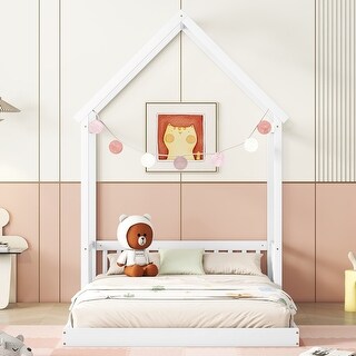White Kids Bed Frame Full Size Safety Floor Bed
