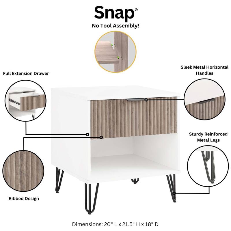 20" Fluted Nightstand with 1 Drawer and Metal Legs Modern Design