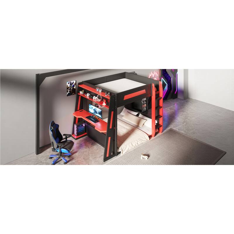 Roomfitters Queen Over Queen Gaming Bunk Bed with Desk, Storage Shelves and LED