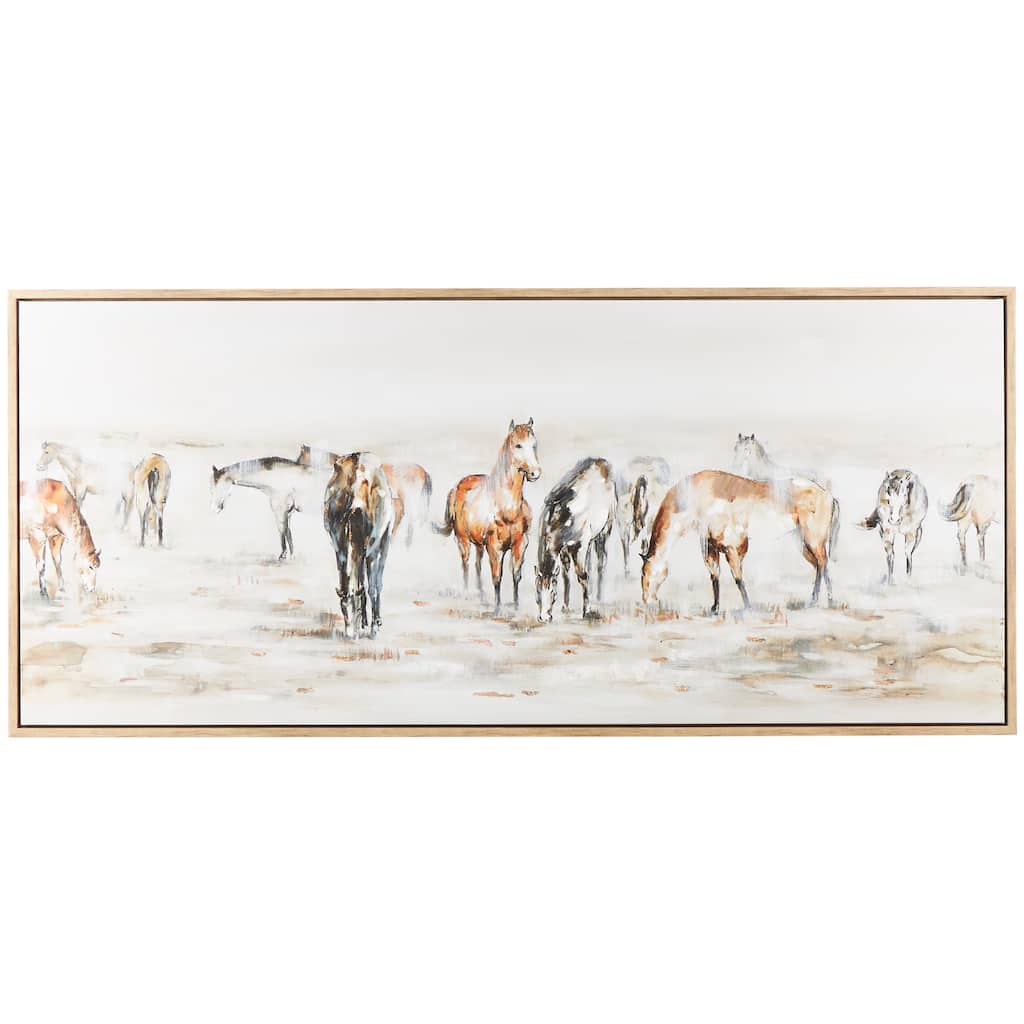 Canvas Horse Wall Art with Wooden Frame and Gold Foil Accents - Brown - Roche River Decor