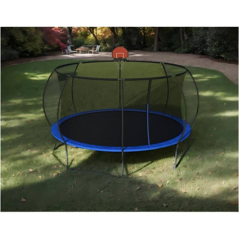 14 foot trampoline with safety fence - Outdoor backyard bouncing mat, including ladder and basketball board (including ball)