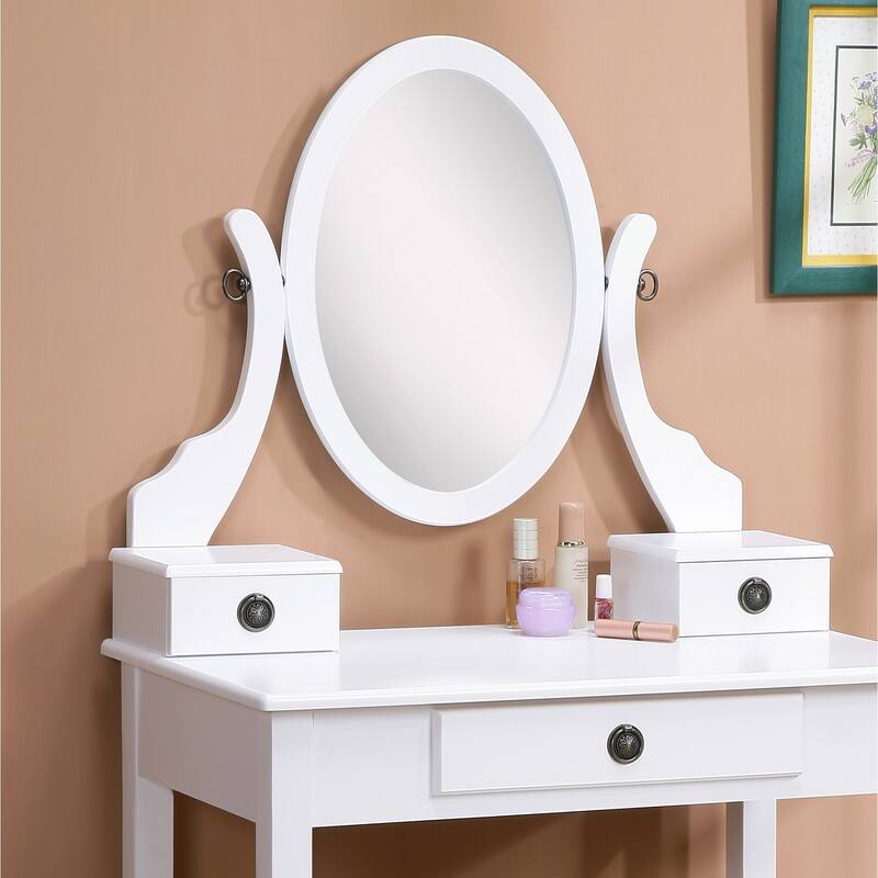 Bedroom Makeup Vanity Desk and Stool Set, Vanity Set Includes Dressing Table, Swivel Adjustable Oval Mirror and Stool