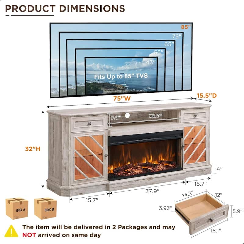 Farmhouse TV Stand with 3-Sided Fireplace, Entertainment Center