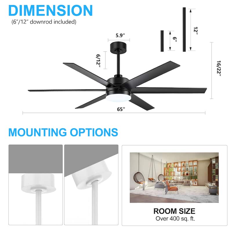 65 Inch Gold/Black LED Ceiling Fan with Light and Remote(6-Blade)