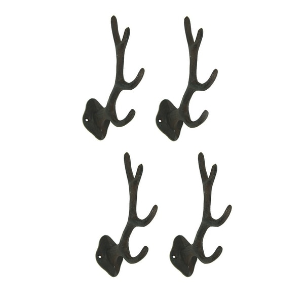 Rustic Brown Cast Iron Antler Wall Hooks Set of 4 - 5.75 X 5.75 X 1.5 inches