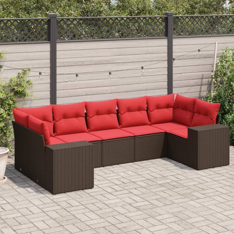 vidaXL 7 Piece Patio Sofa Set with Cushions Brown/Gray Poly Rattan - 24.4 x 24.4 x 27.2 - Brown and red