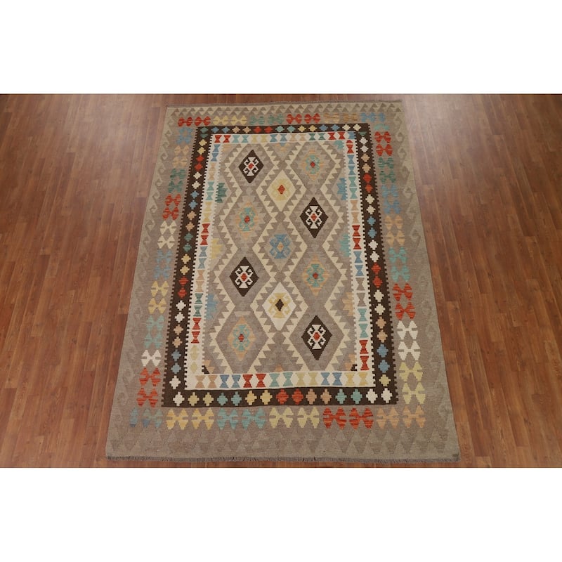 Hand Woven Oriental 100% Wool Carpet Southwestern Geometric Brown Kilim Area Rug - 9' 6'' X 6' 10''