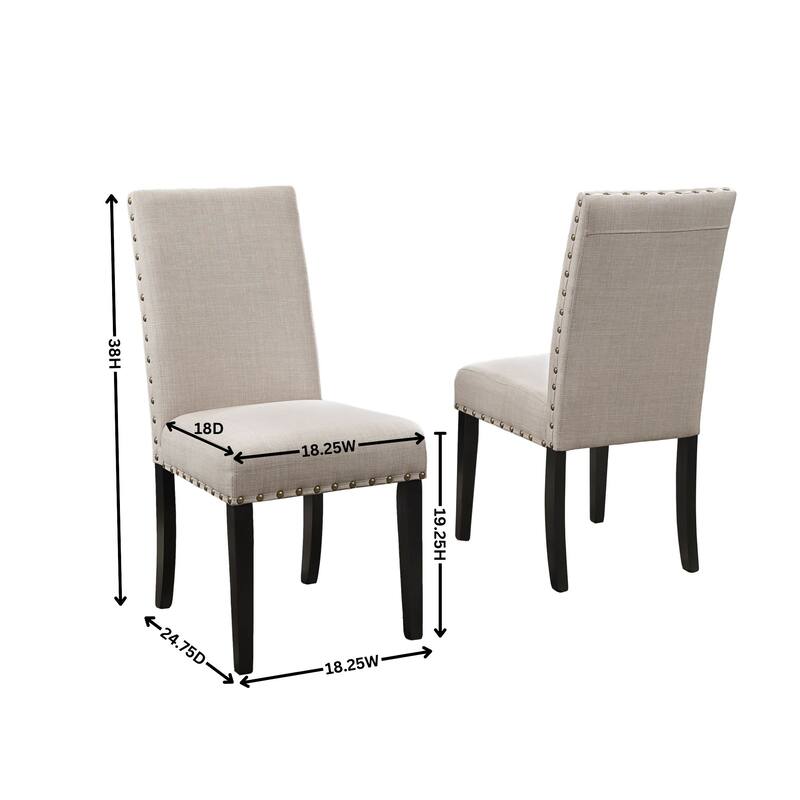 Modern Fabric Dining Chairs with Nailhead Trim, Linen Cotton Fabric Seat and Solid Wood Legs, for Dining Rooms, Set of 2, Tan