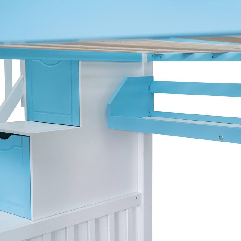 Full-Over-Full Castle Style Bunk Bed with 2 Drawers 3 Shelves and Slide