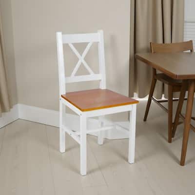 Dining Side Chair Set of 2, X Back Design, White, Brown Pine Wood