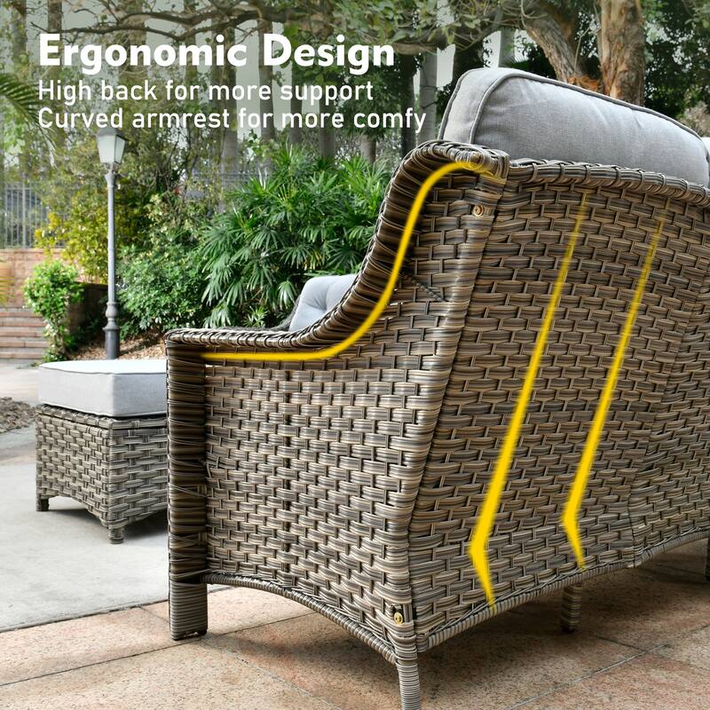 OVIOS 6 Pieces Outdoor Wicker Curved Swivel Chair Set With Fire Table