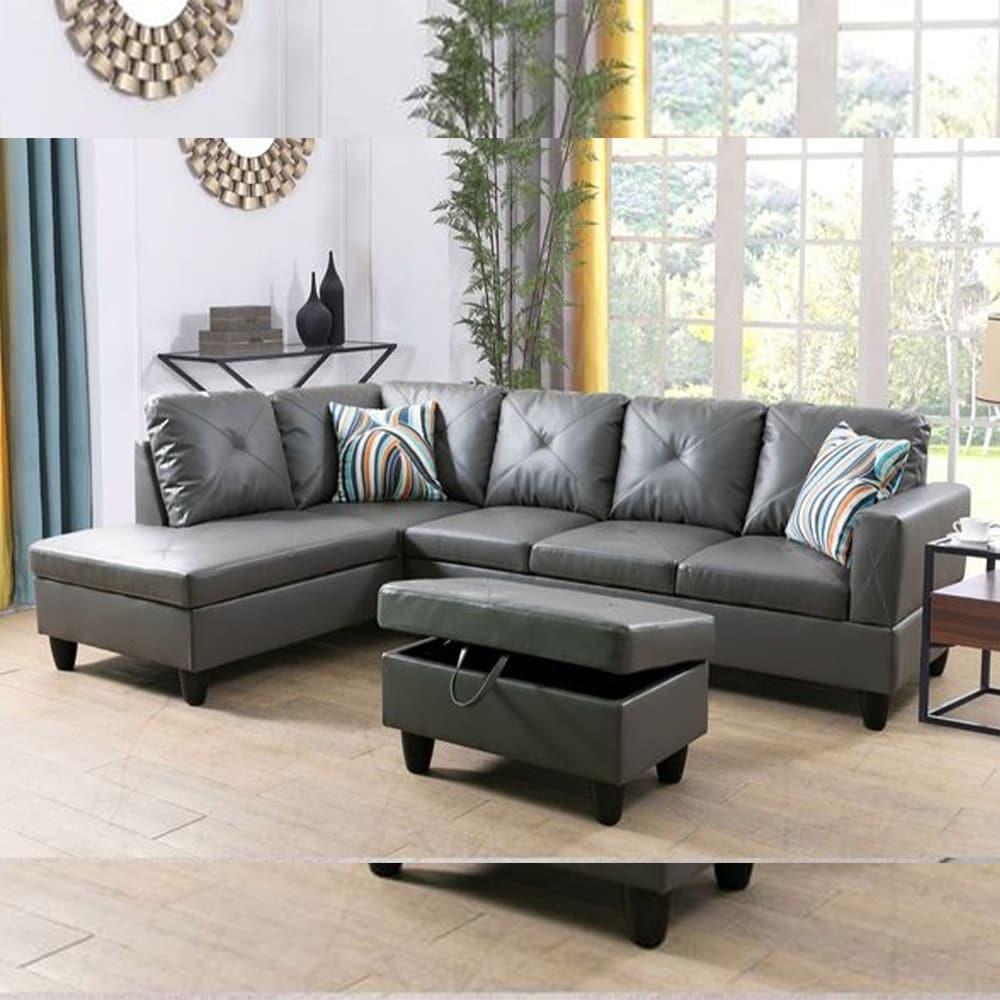 Grey leather shop sectional with ottoman