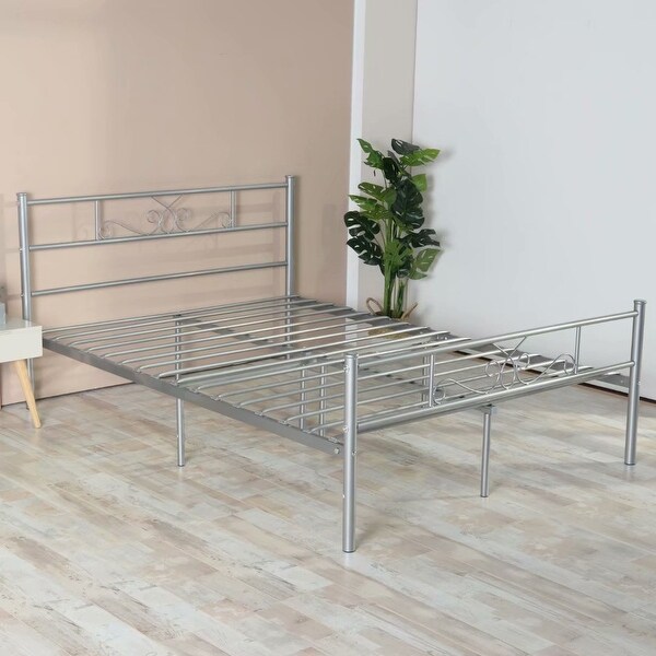Simlife 12.8'' High Understorage Metal Bed Frame With Headboard ,Twin/Full (Silver)