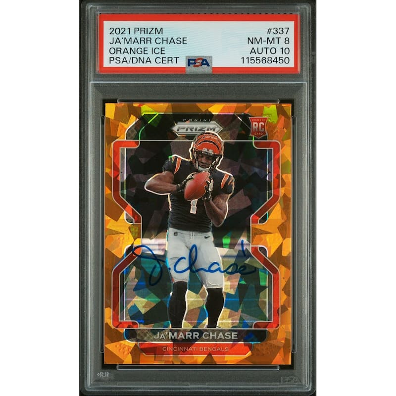 Ja'Marr Chase 2021 Panini Prizm Orange Ice Signed Football Rookie Card #337 Graded PSA 8 Auto 10 Cert # 115568450 - 8' x 11'
