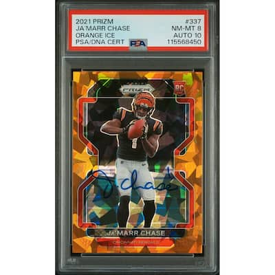 Ja'Marr Chase 2021 Panini Prizm Orange Ice Signed Football Rookie Card #337 Graded PSA 8 Auto 10 Cert # 115568450 - 8' x 11'