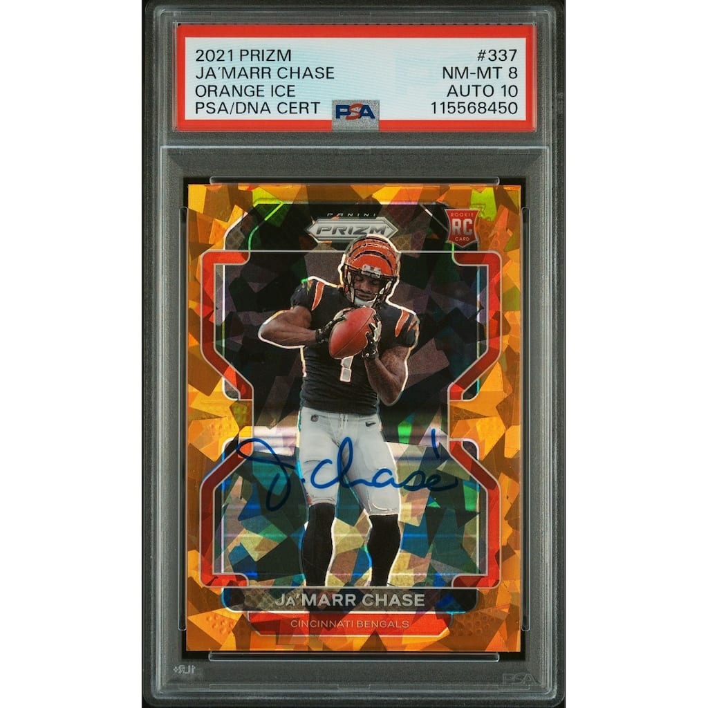 Ja'Marr Chase 2021 Panini Prizm Orange Ice Signed Football Rookie Card #337 Graded PSA 8 Auto 10 Cert # 115568450 - 8' x 11'