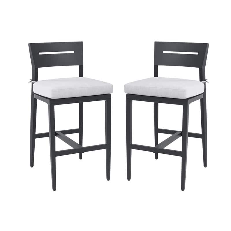 2PC Modern Outdoor Bar Stools: Aluminum, Ergonomic Backrest, Tapered Legs, Footrest, Sunbrella Cushion, Weather-Resistant. - Ember Black