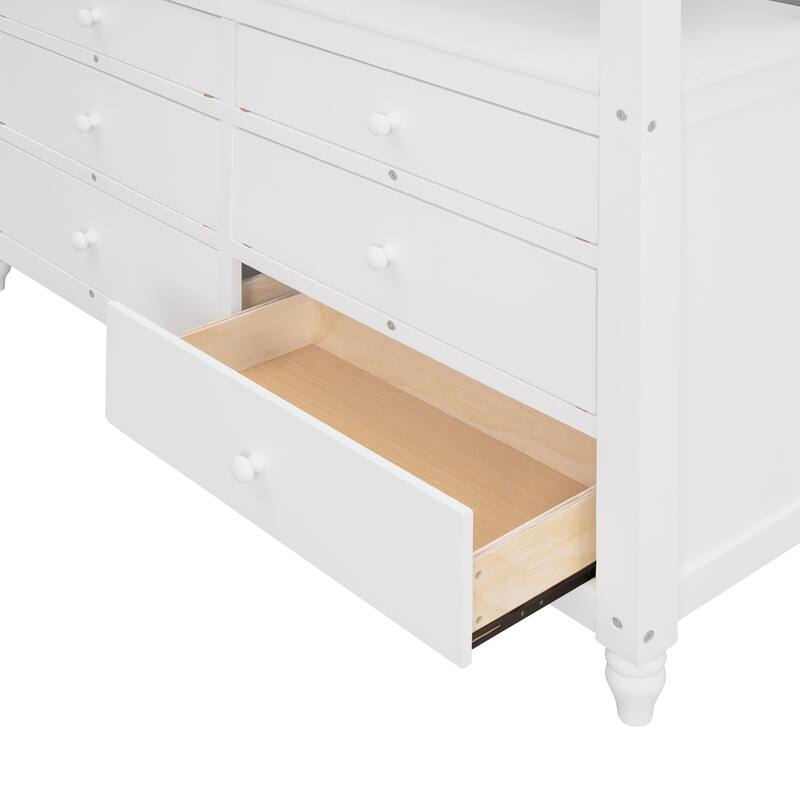Full Size Loft Bed with Desk, Drawers, and Storage Shelves for Maximized Space