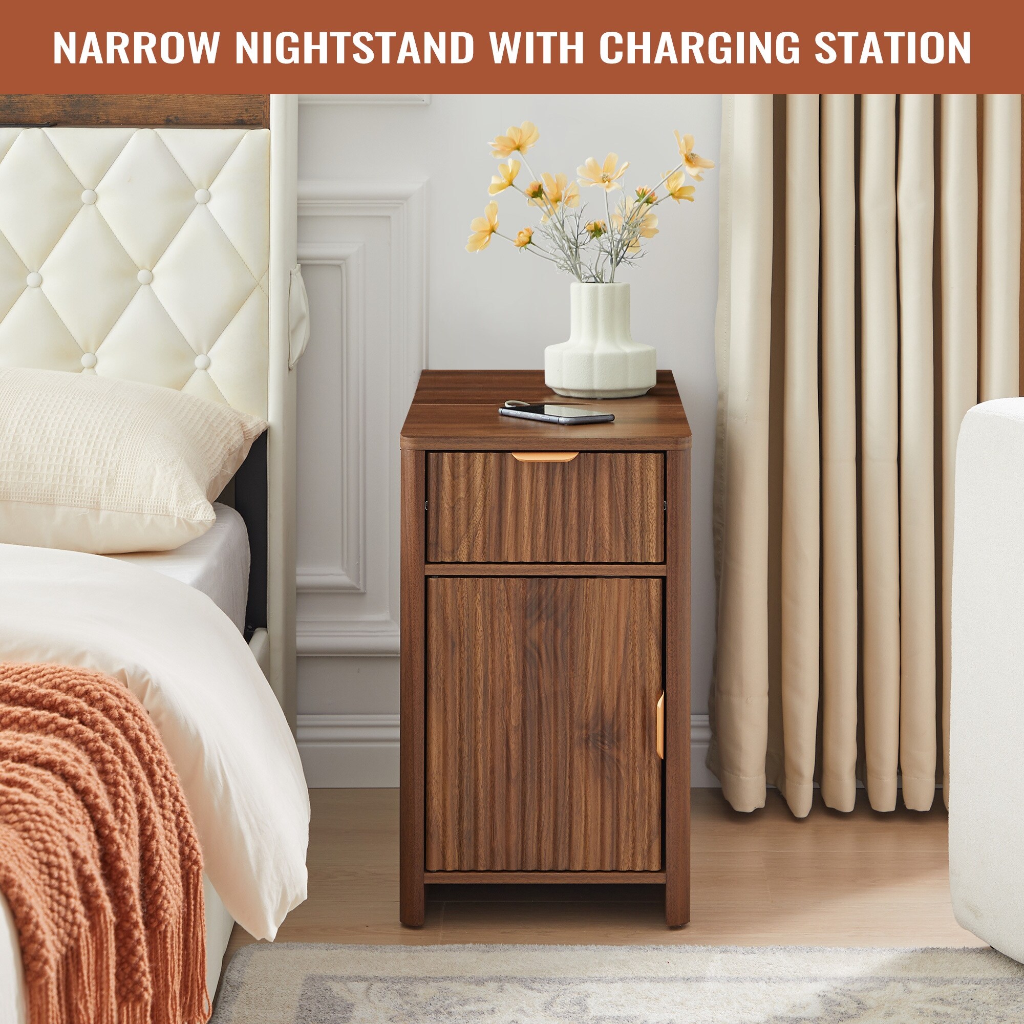 23.62 in.W Wavy Panel Drawer Single Nightstand/Bedside table - Bed