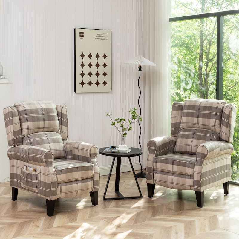HOMYKA Manual Pushback Recliner Adjustable Accent Chair Wingback Armchair Set of 2 - Beige Plaid
