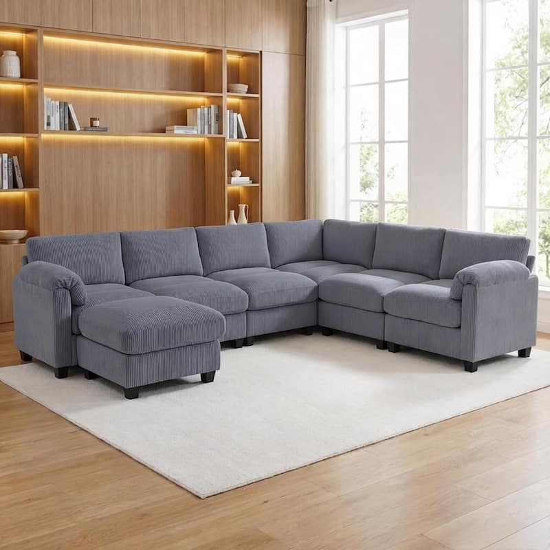 Modern Couduroy Overized Modular Sectional Sofa Couch with Ottoman for Living Room - Dark Grey/6-Seat Sofa - Reversible