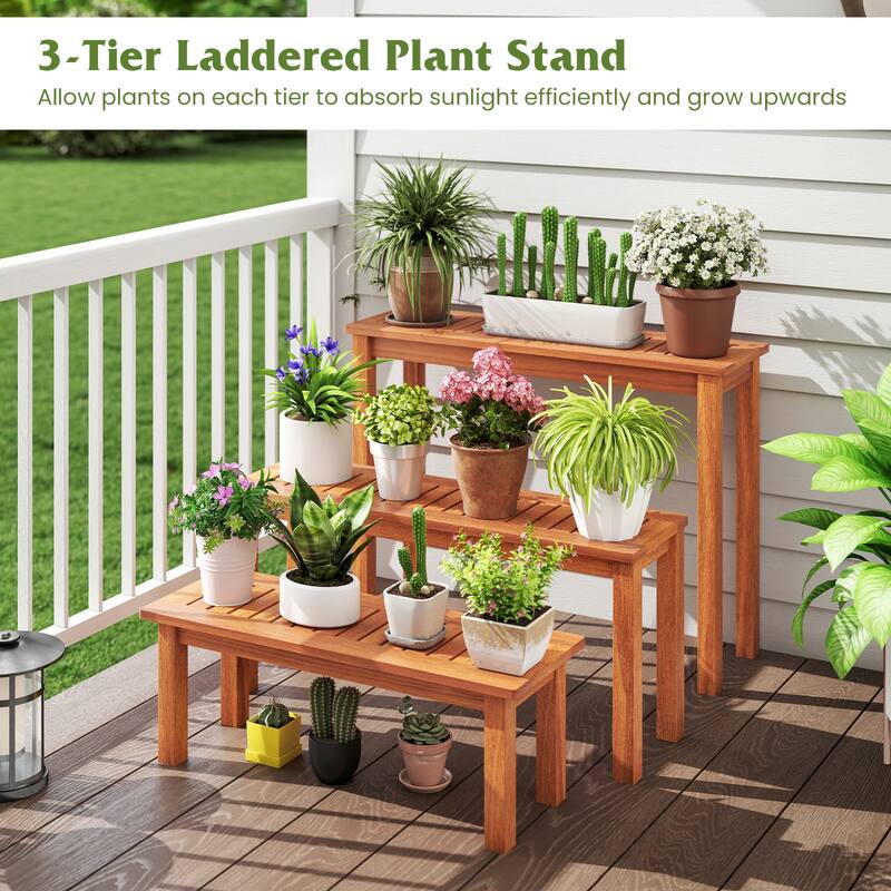 Gymax Wooden Plant Stand Set of 3 w/ Teak Oil Finish Slatted Top for