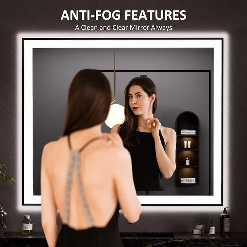 48x40 Inch Frameless LED Bathroom Mirror Smart Dimmable Anti Fog Tempered Glass White