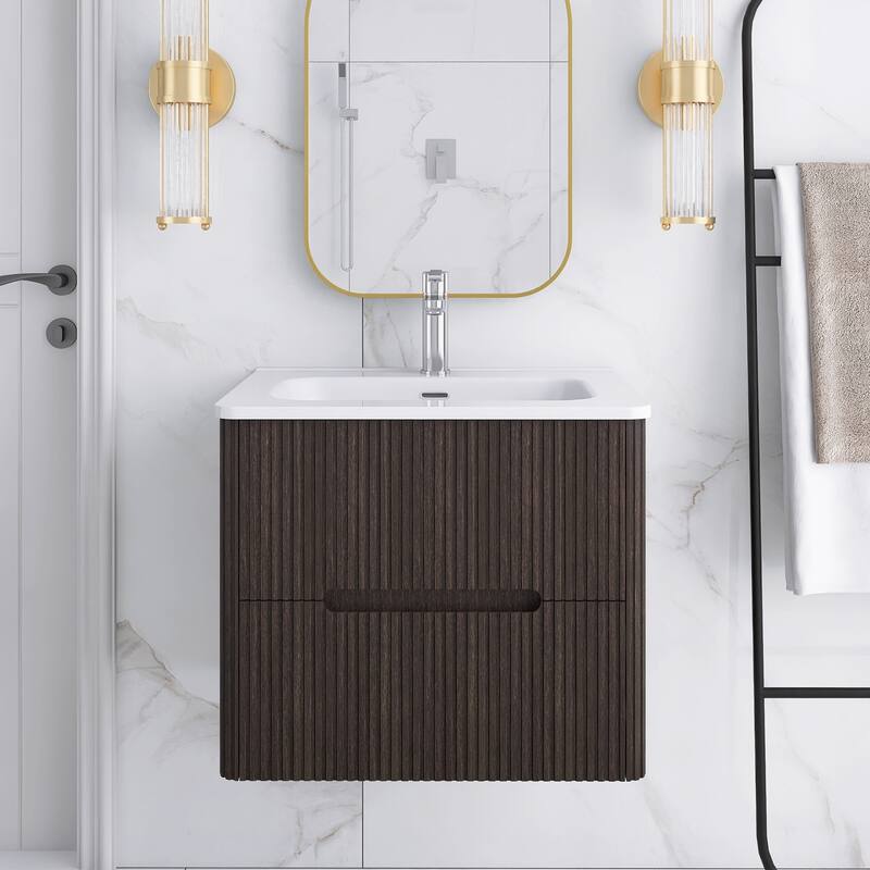 Floating Bathroom Vanity Integrated White Ceramic Sink - Dark Brown - 24.01'' x 18.3'' x 20.35''