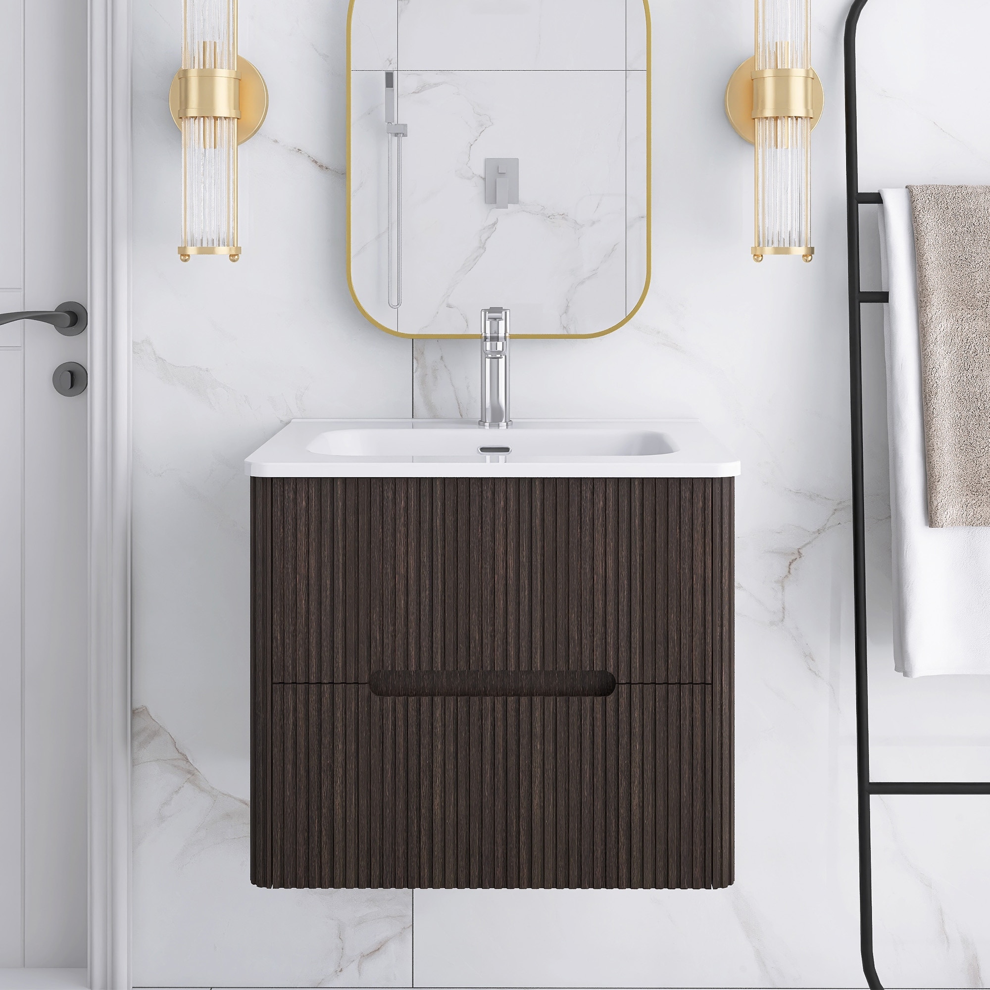 Floating Bathroom Vanity Integrated White Ceramic Sink