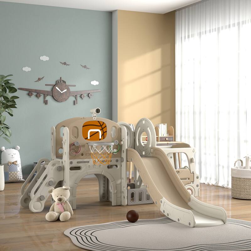 9 in 1 Toddler Slide Indoor for Ages 1-6 Car Themed with Basketball Hoop Climber Storage Ring Toss Telescope Tunnel Cream White