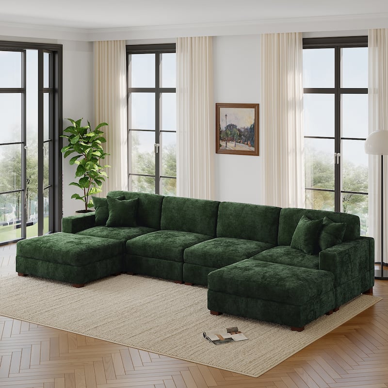 Modern Chenille Oversized Modular Sectional Sofa with 2 Ottoman - Green-6 Piece