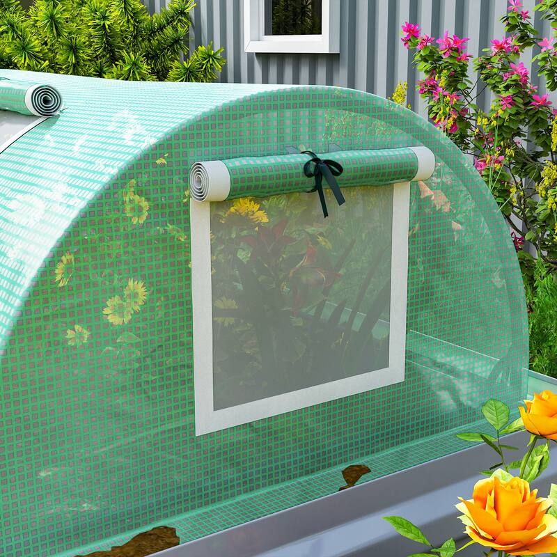 Outsunny 10' x 3' x 2' Mini Greenhouse with 5 Mesh Windows, Portable Plant Hot House with PE Cover, Steel Frame,Green