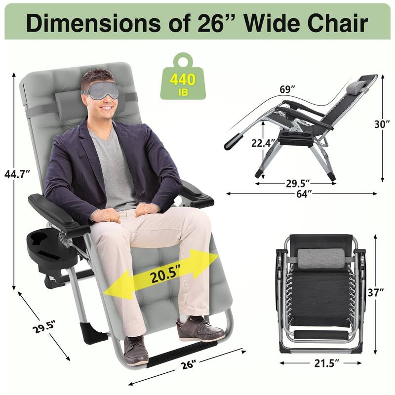 Outdoor Patio Folding Zero Gravity Lounge Chair, 26Inch Wide Recliner Lounge Chair with Removable Cushion