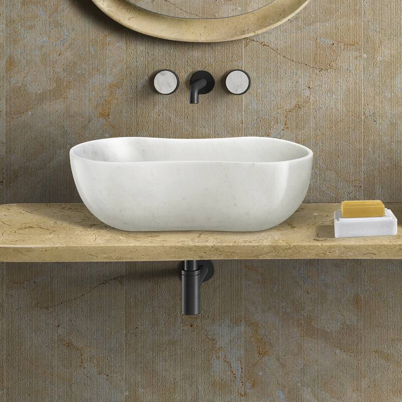 Roomfitters Marble Bathroom Vessel Sink, Natural Stone Countertop Wash Basin, Polished Oval Vanity Sink - White+Natural