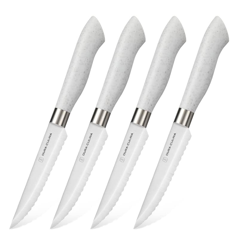 Dura Living EcoCut 4-Piece Steak Knife Set - High Carbon Micro-Serrated Stainless Steel Blades, Sustainable Ergonomic Handles - Grey