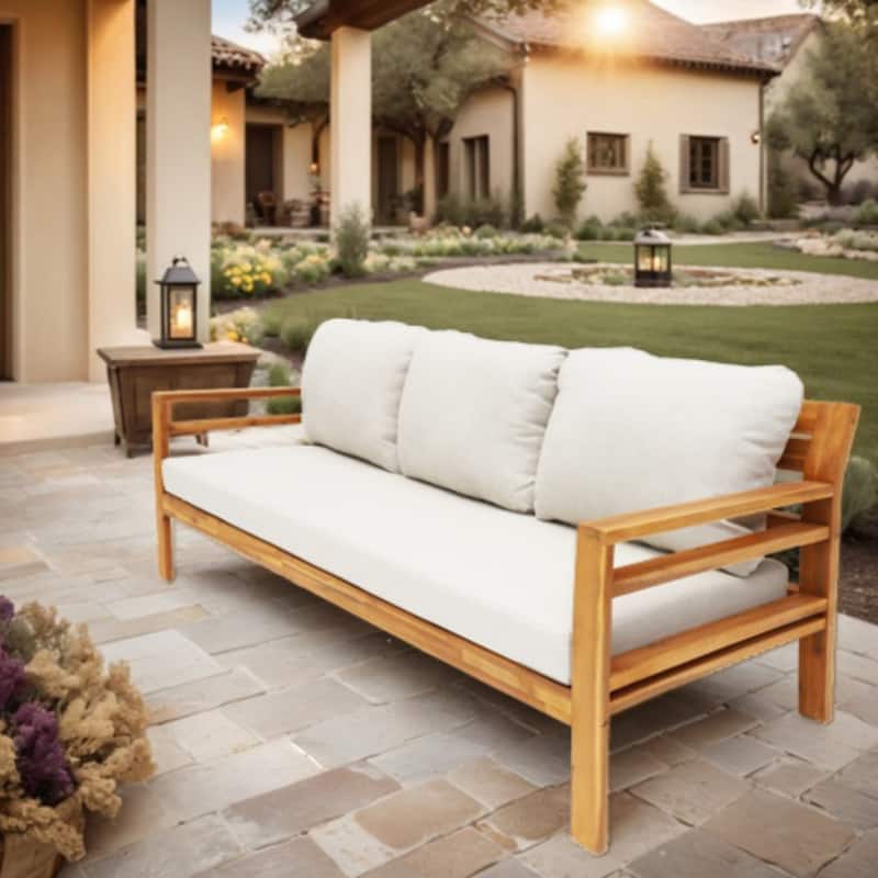 Modern Outdoor Acacia Wood Sofa with Cushions and Wooden Armrest